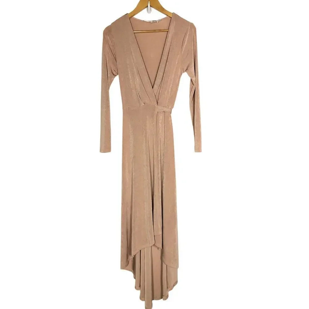 ASTR Melonie Dress Knit Long Sleeve Surplice Neck High Low Hem Wrap Maxi Pink S